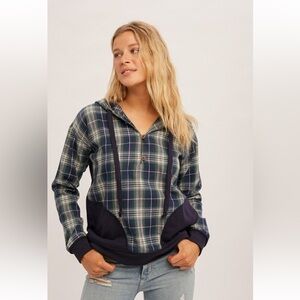 Plaid Mixed Half Placket Hoodie Pullover|Navy